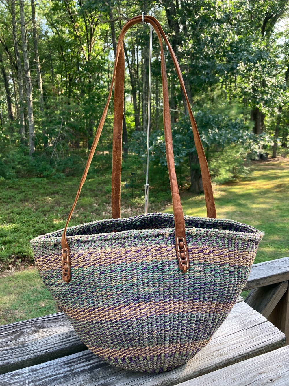 Vintage French Market Bag Sisal Straw Tote Leather Straps